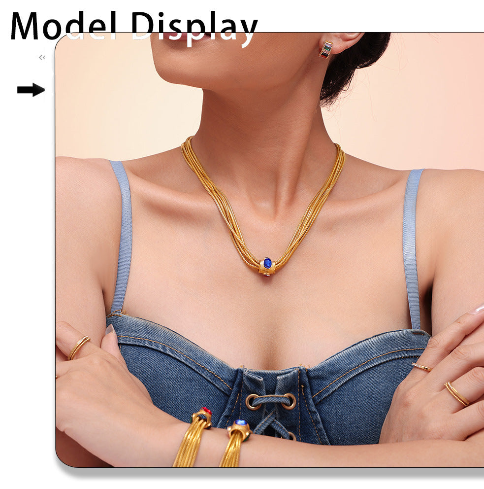 Collier & Bracelet – Chaînes Multi-rangs  Acier Plaqué Or & Strass –