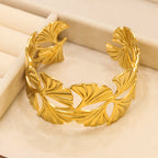 Cross-border European and American wide stainless steel bracelet adjustable exaggerated sense of luxury gold open flower leaf bracelet