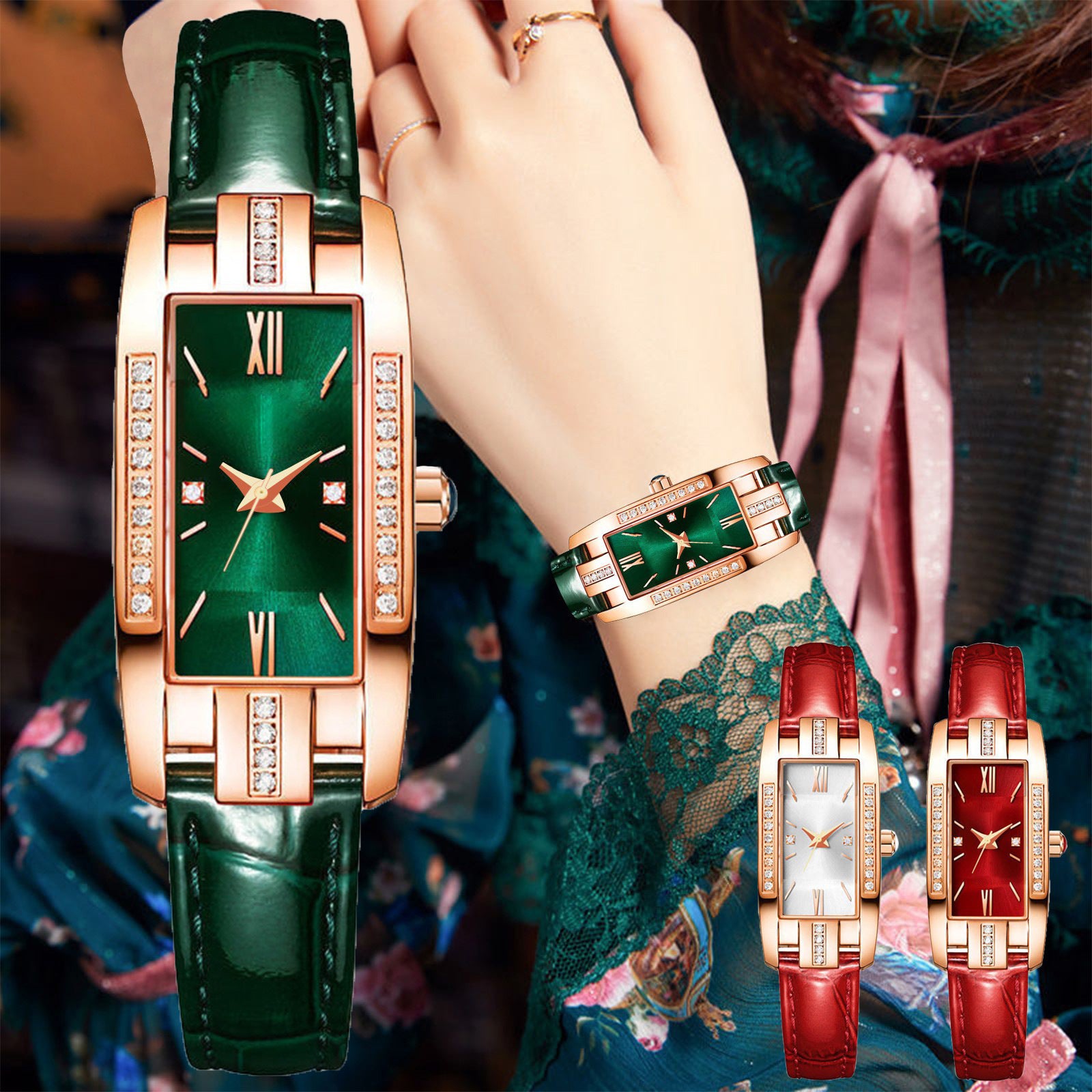 Montre Femme Vintage Rectangulaire  Quartz Mode avec Strass Description