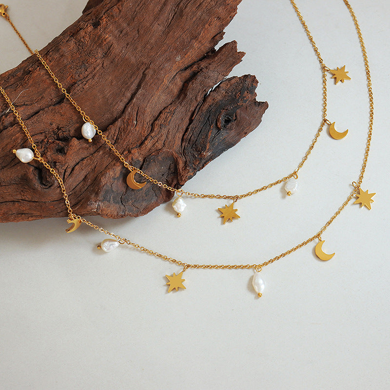 Collier Stars & Moons en Perles d'Eau Douce Naturelles  40+5 cm