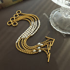 Bracelet Chaîne Dorée & Perles dEau Douce  Fermoir OT  Acier  Plaqué Or 18K