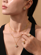 Parure Bijoux Anti-Stress Femme  Collier, Bague Rotative & Boucles Fleur Zircon Étincelant