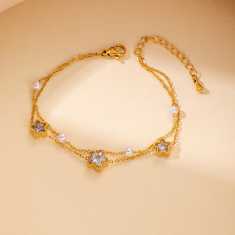 Bracelet femme doré en acier inoxydable  Double chaîne élégante avec pierres brillantes | Bijou mode chic & durable