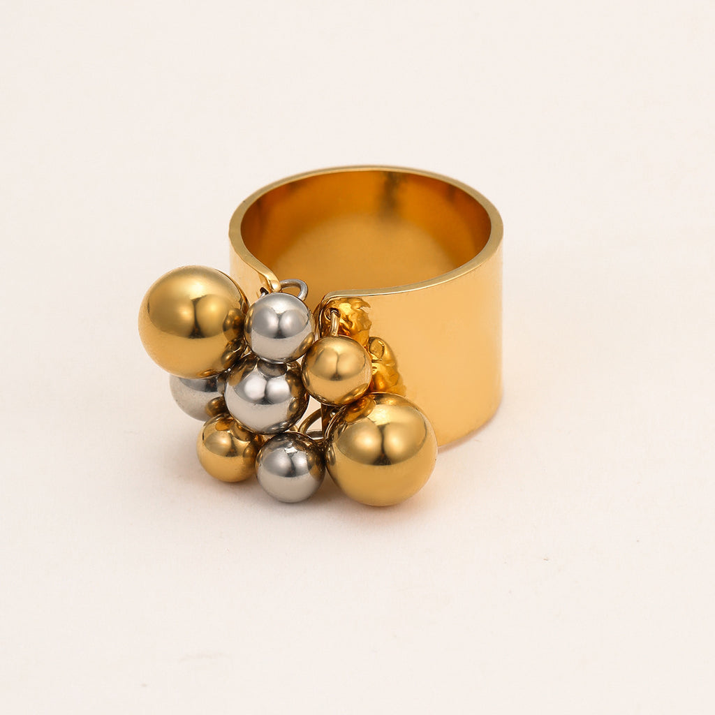 Bague femme large dorée  Anneau design avec billes argentées et dorées en acier inoxydable