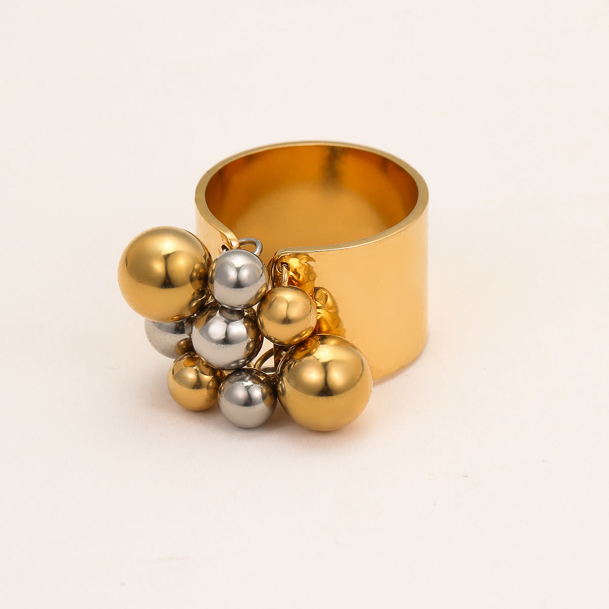 Bague femme large dorée  Anneau design avec billes argentées et dorées en acier inoxydable