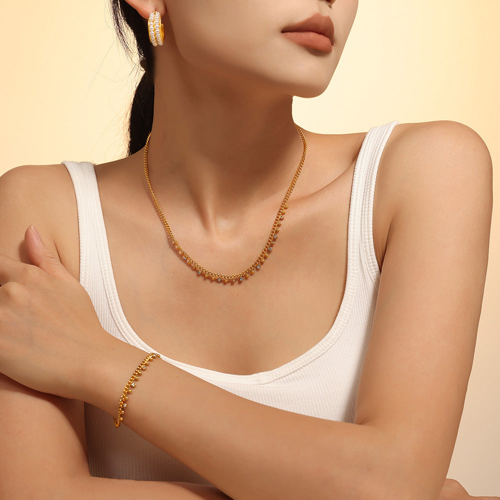 Bracelet à Pampilles et Strass en Acier  Plaqué Or 18K  Chaîne Ajustable Femme