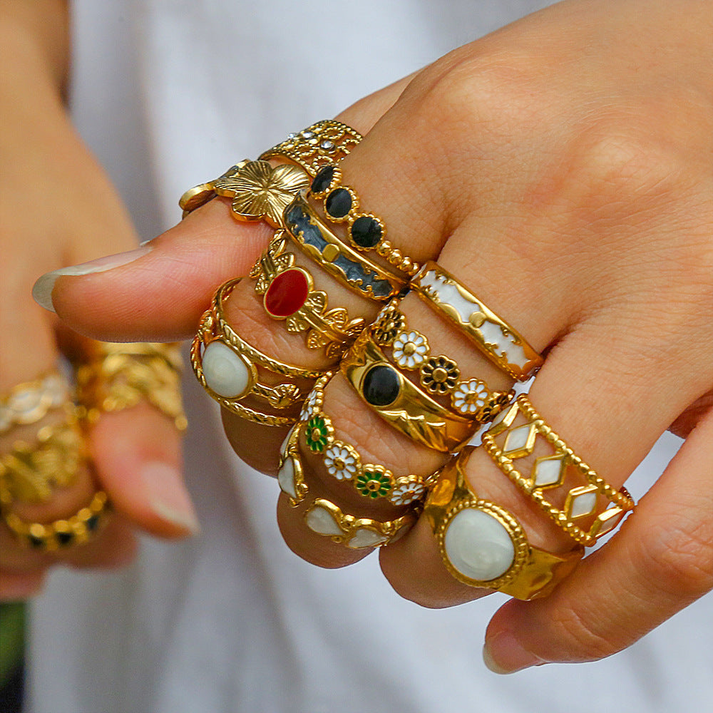 Bague Daisy Bloom  Fleurs Vertes & Blanches Plaqué Or 18K