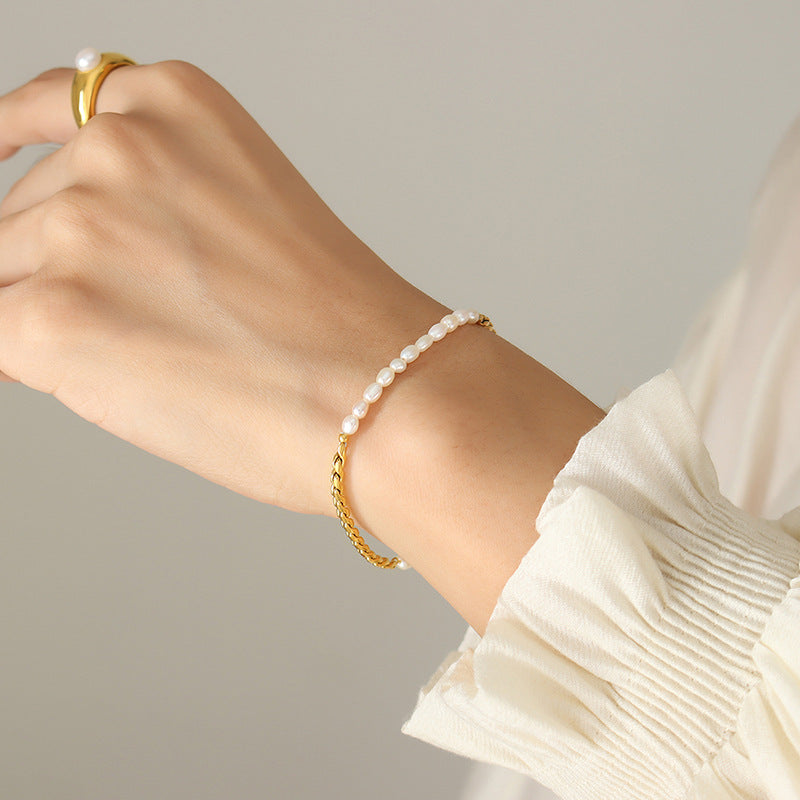 Bracelet Chaîne Dorée & Perles dEau Douce  Fermoir OT  Acier  Plaqué Or 18K