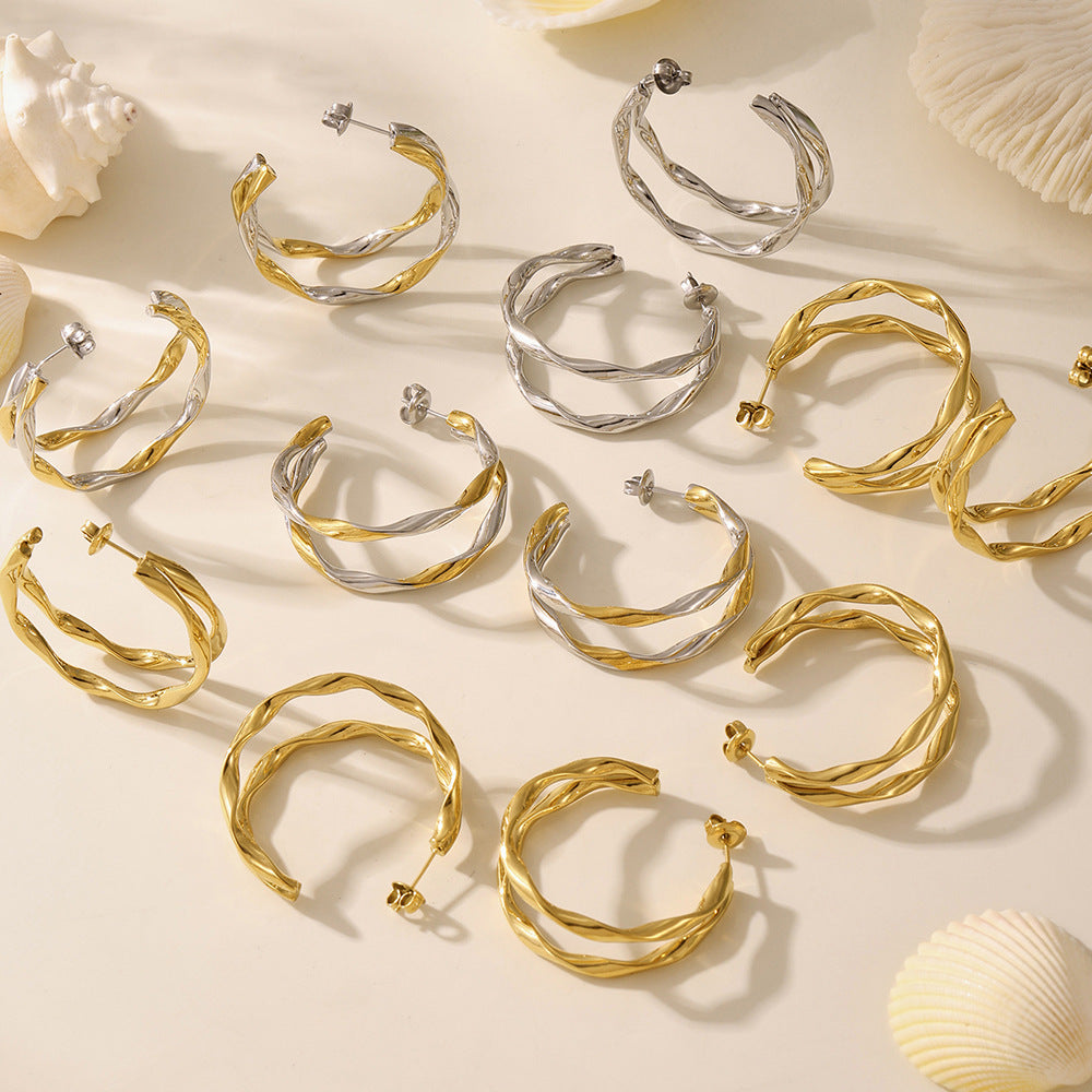 Créoles torsadées en acier doré à l'or fin – 3 finitions (Doré, Argent, Bicolore)