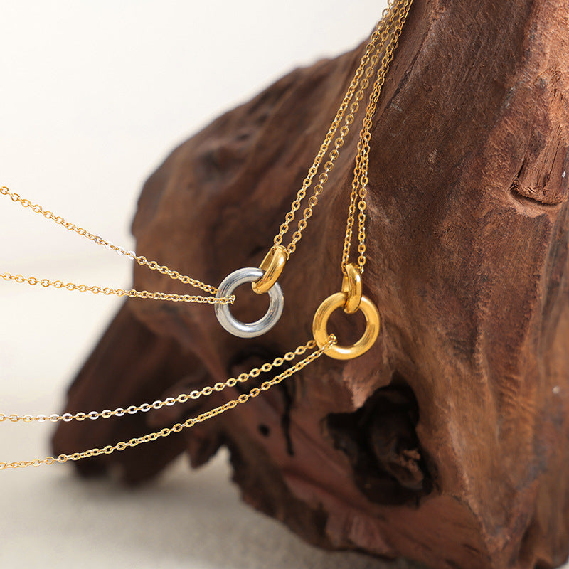 Collier Femme Double Anneaux  Chaîne Dorée & Argentée Style Luxe Minimaliste