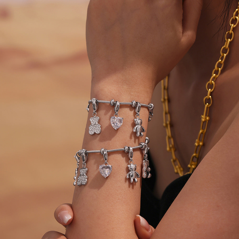 Bracelet Charms d'Or  Acier inoxydable doré et zircon, breloques cœur, papillon et ourson