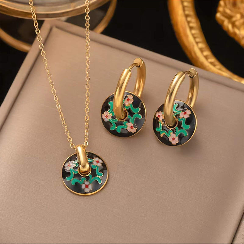 Parure Bijoux Femme  Collier & Boucles Dorés avec Motif Floral en Émail