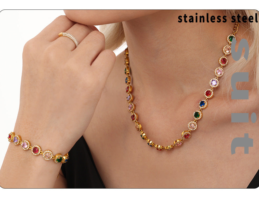 Ensemble Mystery Love  Collier & Bracelet Dorés en Acier Inoxydable et Zircons Colorés