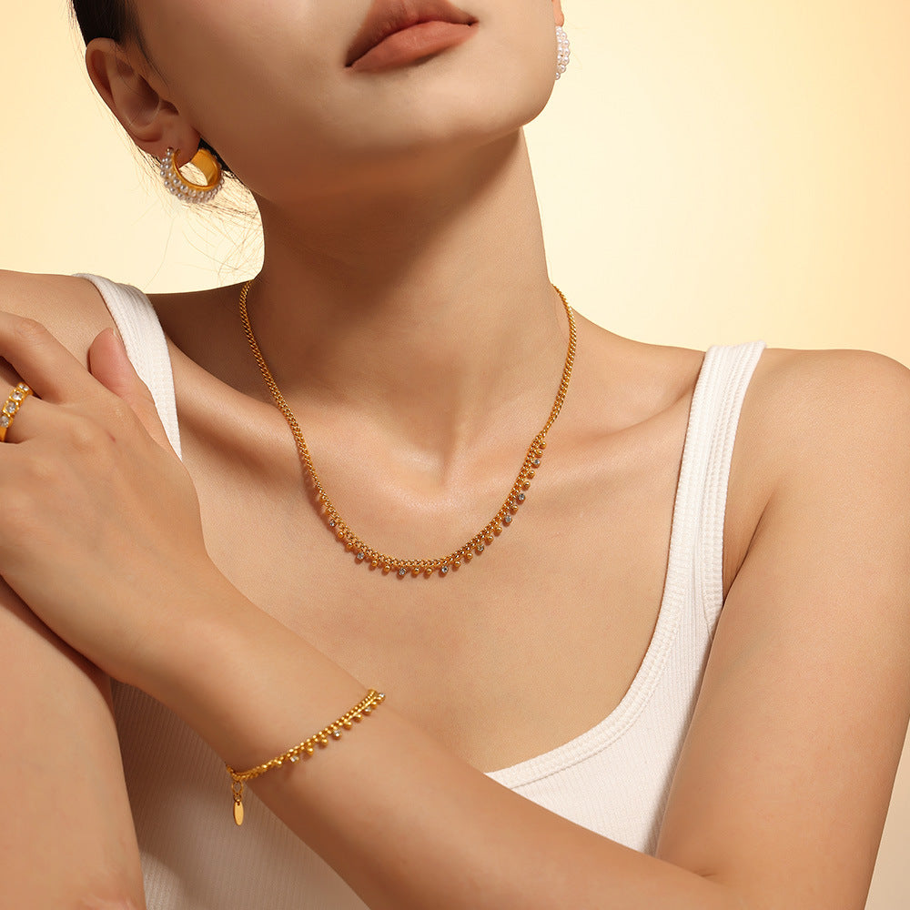 Bracelet à Pampilles et Strass en Acier  Plaqué Or 18K  Chaîne Ajustable Femme