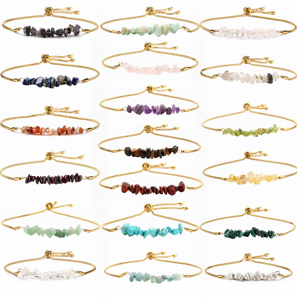 Bracelet pierres naturelles brutes  Acier inoxydable doré ajustable | Bijou énergétique & spirituel femme