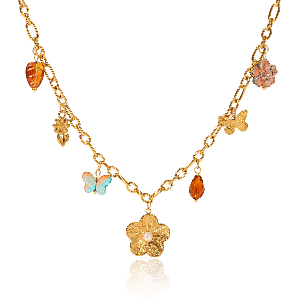 Cross-border exclusive stainless steel flower butterfly heart-shaped multi-pendant women's fashion high-end versatile design necklace accessories