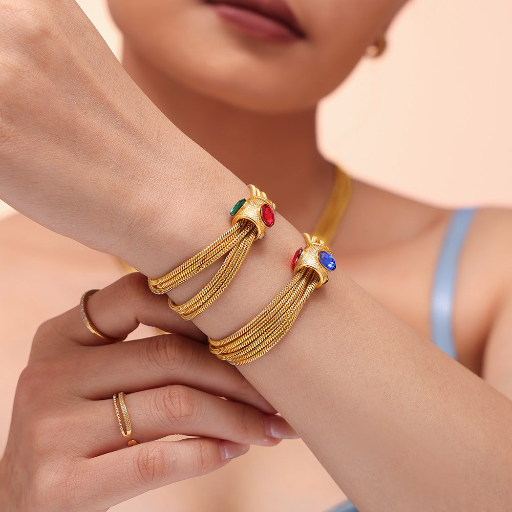 Collier & Bracelet – Chaînes Multi-rangs  Acier Plaqué Or & Strass –