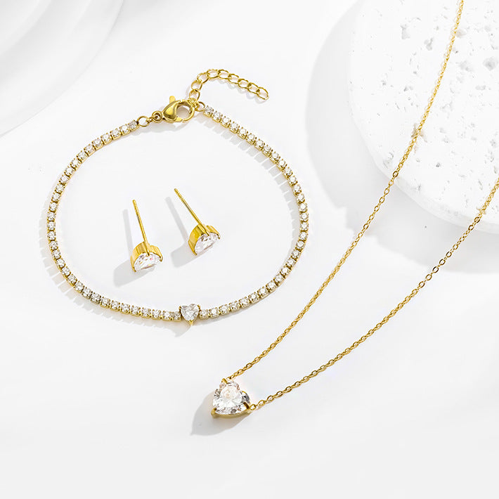 Parure Bijoux Femme  Collier, Bracelet & Boucles Cœur Zircon Doré 18K (Ensemble ou Séparés)