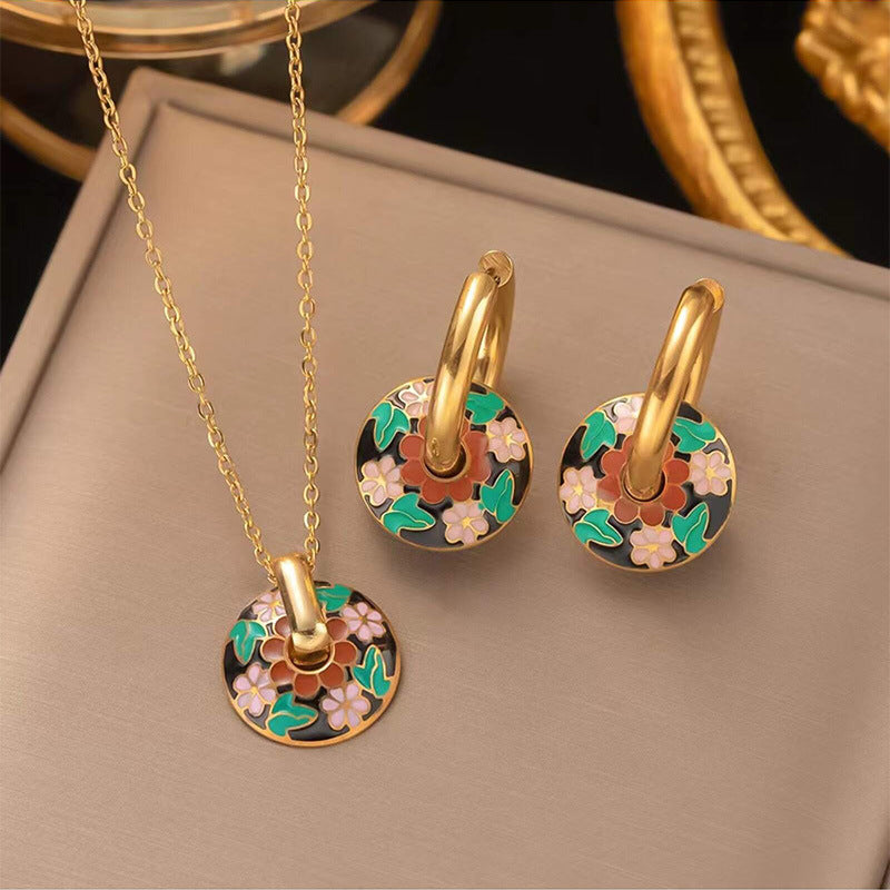 Parure Bijoux Femme  Collier & Boucles Dorés avec Motif Floral en Émail