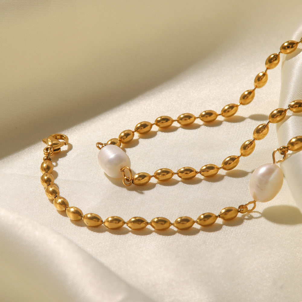 Collier Chaîne Perles Dorées avec Perle Blanche – Acier Inoxydable Waterproof & Hypoallergénique – Bijou Élégant Femme