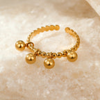 Bague femme en acier inoxydable doré 18k  Anneau perlé avec pendentifs boules tendance