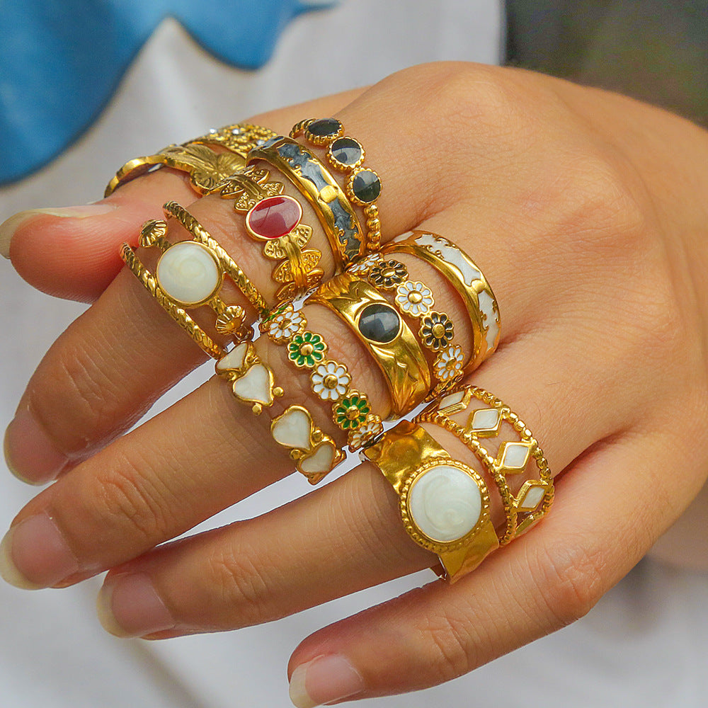 Bague Daisy Bloom  Fleurs Vertes & Blanches Plaqué Or 18K