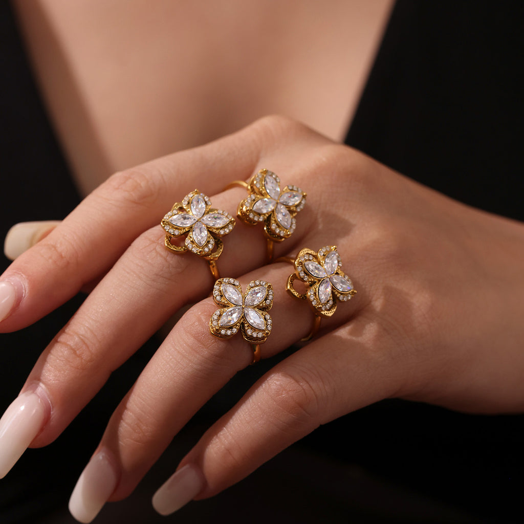 Parure Bijoux Anti-Stress Femme  Collier, Bague Rotative & Boucles Fleur Zircon Étincelant