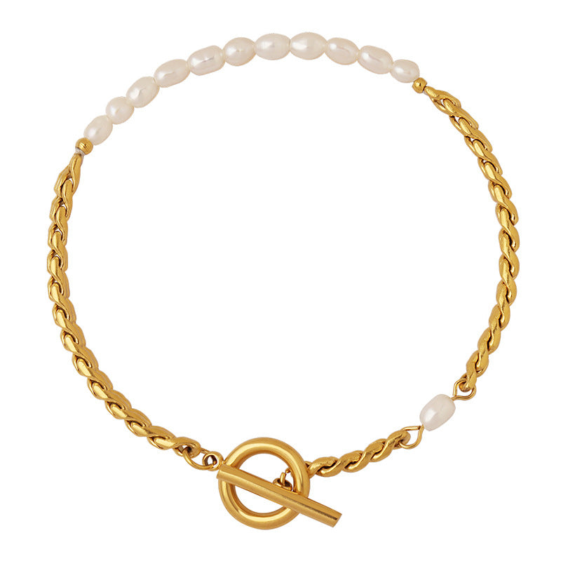 Bracelet Chaîne Dorée & Perles dEau Douce  Fermoir OT  Acier  Plaqué Or 18K