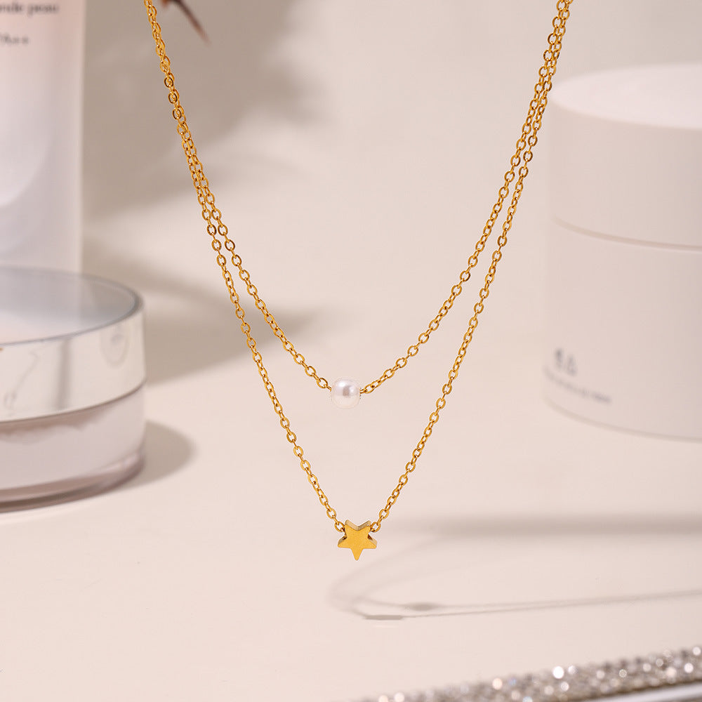 Collier Double Rang Perle & Étoile – Acier Argenté ou Doré Hypoallergénique