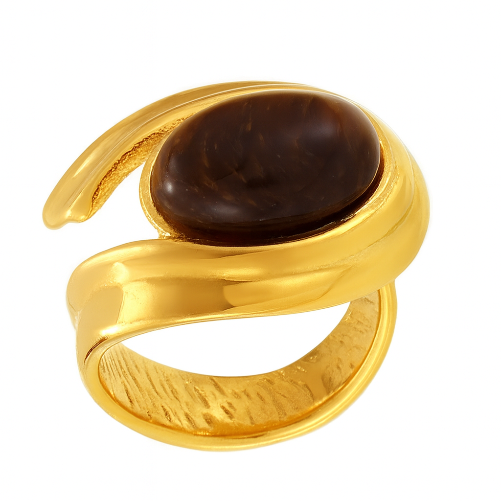 Bague Oeil de Tigre Doré  Acier inoxydable et pierre naturelle
