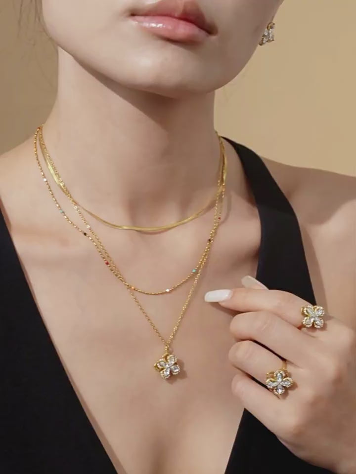 Parure Bijoux Anti-Stress Femme  Collier, Bague Rotative & Boucles Fleur Zircon Étincelant