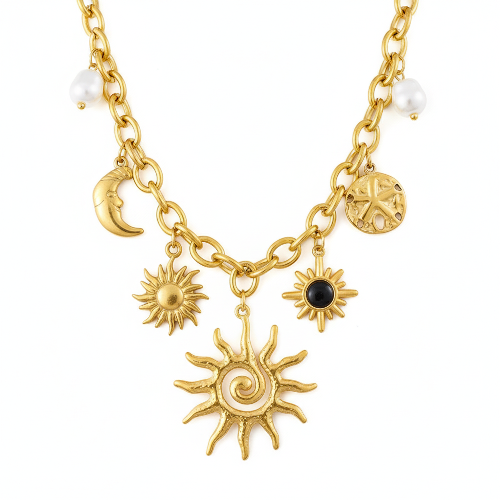 Stella - Collier Amulettes Soleil & Lune Fait Main  - Chaîne Or Rétro Acier Inoxydable