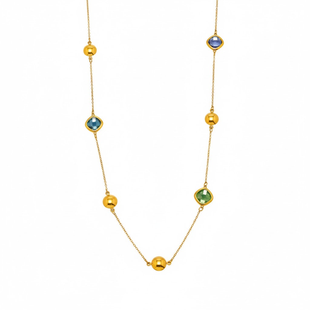 Collier Long Doré Enigma Super Flash  Verre Tchèque & Acier Inoxydable 18K