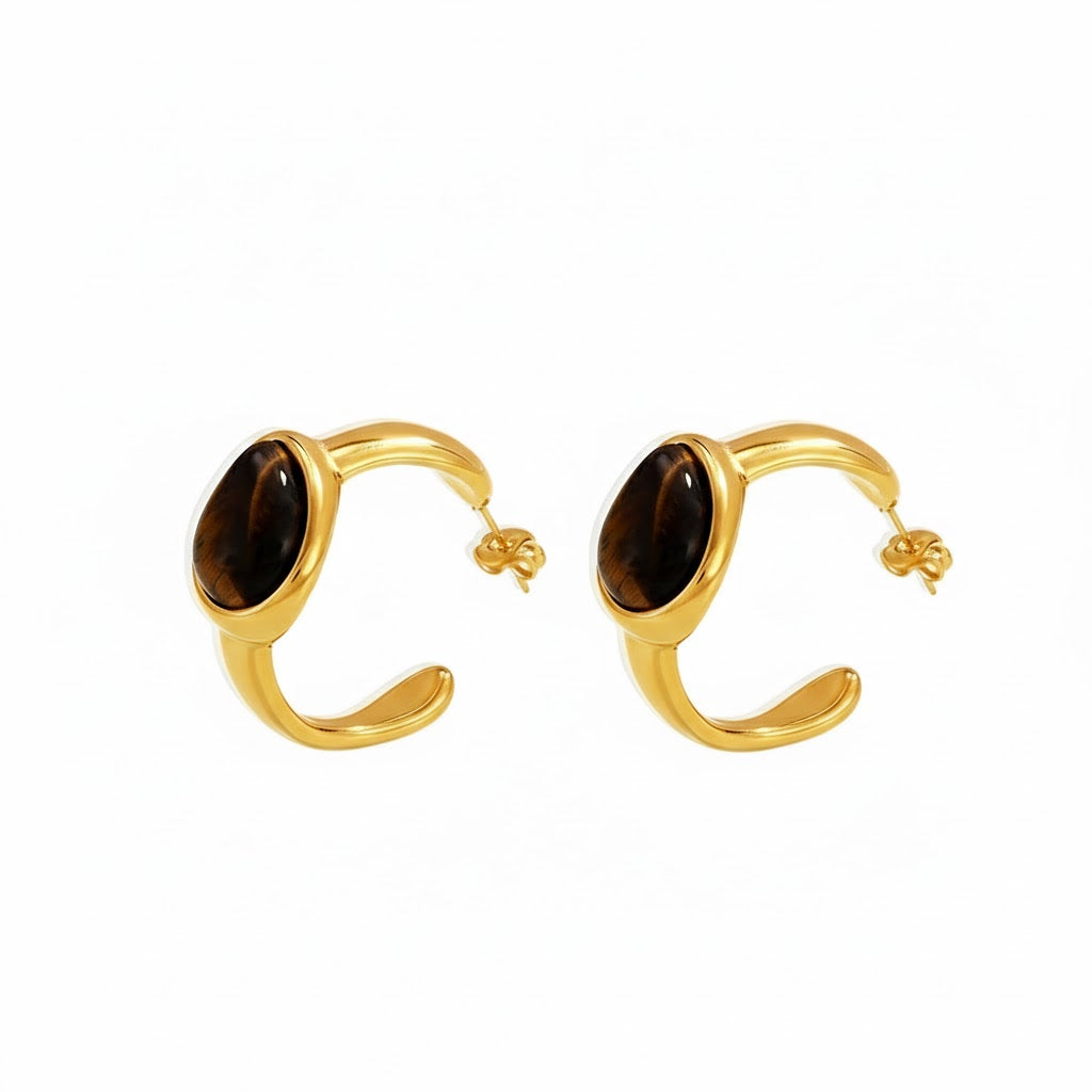 Boucles d'oreilles Oeil de Tigre Doré  Acier inoxydable et pierre naturelle