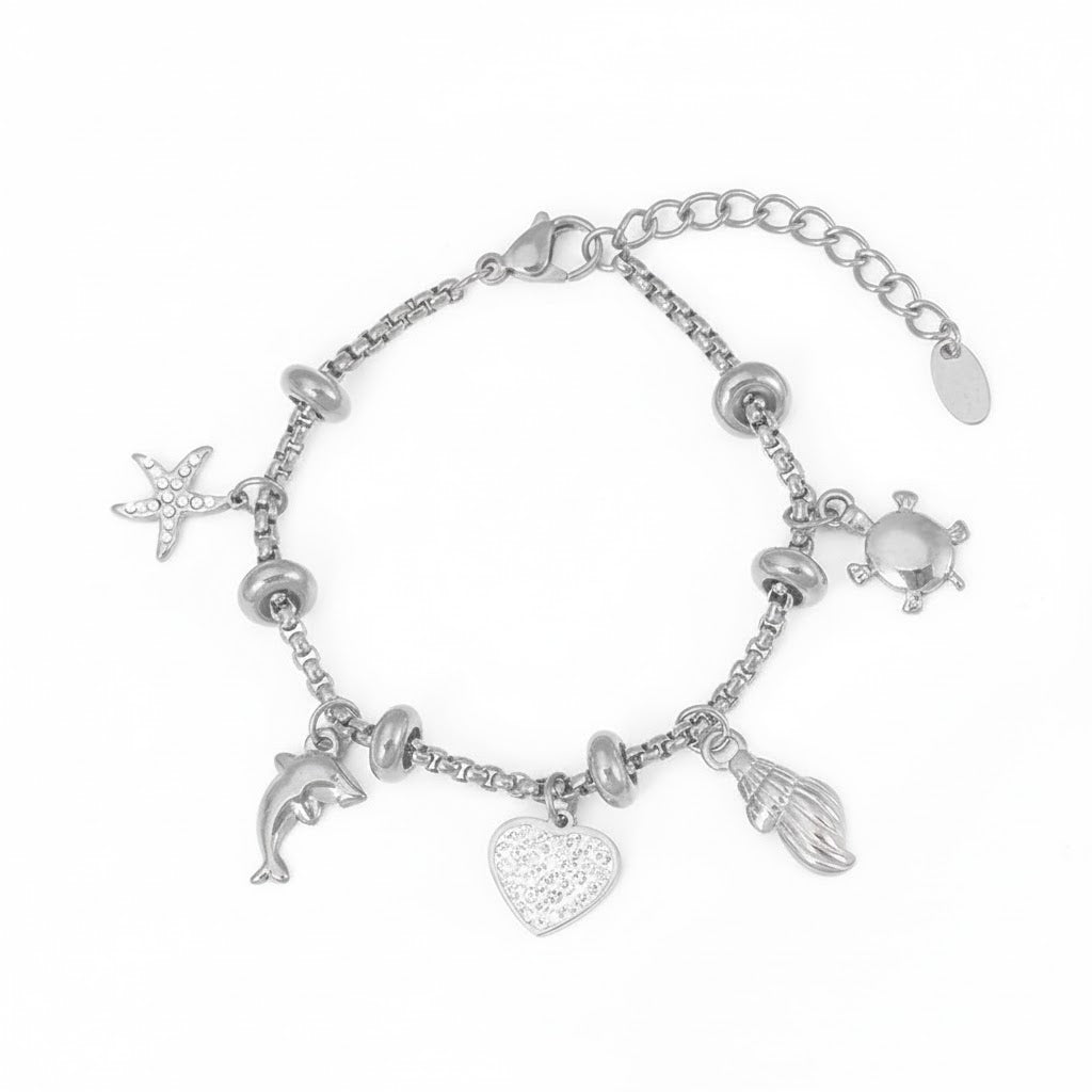 Bracelet Océan d'Or  Acier inoxydable doré, charms marins et cœur diamanté