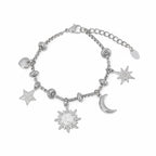 Bracelet Étoile d'Argent  Acier inoxydable , charms lune et soleil, diamant tchèque