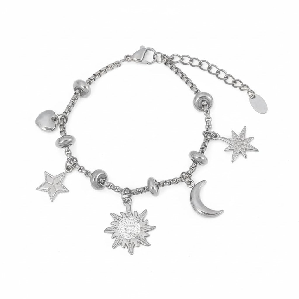 Bracelet Étoile d'Argent  Acier inoxydable , charms lune et soleil, diamant tchèque