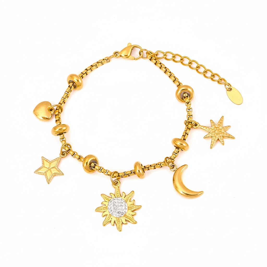 Bracelet Océan d'Or  Acier inoxydable doré, charms marins et cœur diamanté