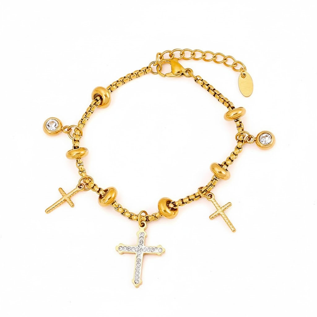 Bracelet Croix Divine  Acier  inoxydable doré et diamants tchèques