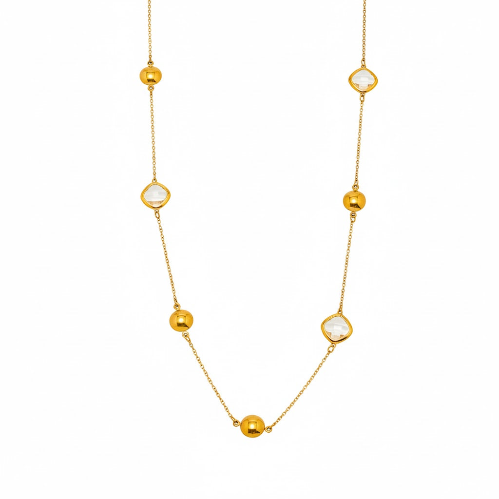 Collier Long Doré Enigma Super Flash  Verre Tchèque & Acier Inoxydable 18K