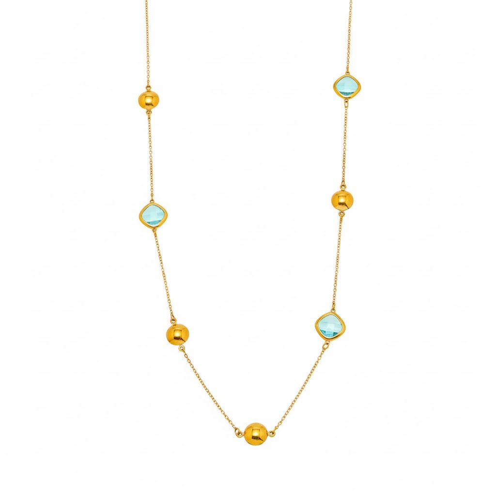 Collier Long Doré Enigma Super Flash  Verre Tchèque & Acier Inoxydable 18K